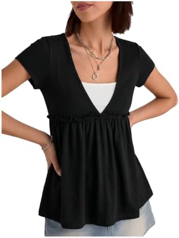2 in 1 Babydoll Tops Short Sleeve Peplum Shirt Y2K Outfit