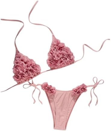 2 Piece 3D Flower Halter String Bikini Sets Tie Back Vacation Bathing Suit
