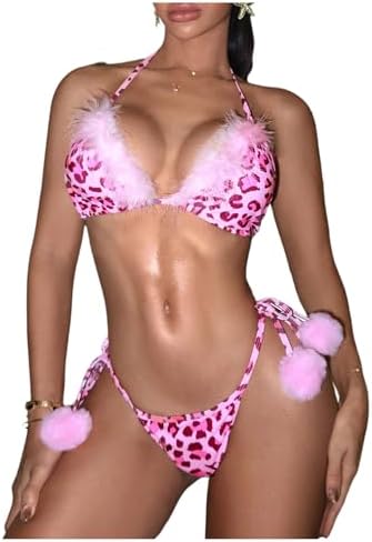 2 Piece Bikini Sets Swimsuit Cheetah Fuzzy Bathing Suit Y2k Triangle String