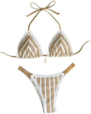 2 Piece Boho Lace Halter Bikini Set Textured High Cut Swimsuits Beach