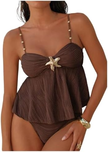 2 Piece Boho Tankini Set Metal Starfish Beaded Peplum Cami Tops and Panty