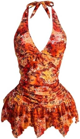 2 Piece Boho Tankini Swimsuits Floral Paisley Halter Swim Dress with Panty