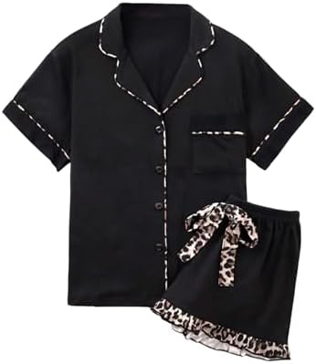 2 Piece Cheetah Print Cute Pjs Pajama Set Button Down Lightweight Pajamas