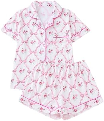 2 Piece Floral Bow Pajama Set Short Sleeve Button Down Shirt and Shorts Set