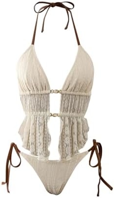 2 Piece Halter Tankini Swimsuits for Women Lace Backless Cheeky Bikini Set
