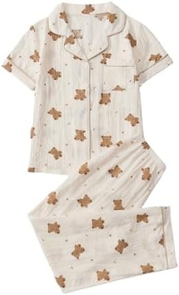2 Piece Pajama Sets Cute Printed Fall Pajamas Sleepwear Button Up Shirt with