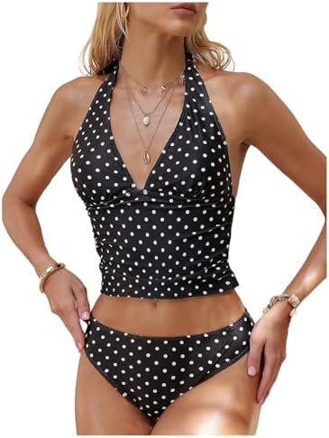 2 Piece Polka Dots Halter Takini Swimsuits Tie Backless Crop Tops with Panty