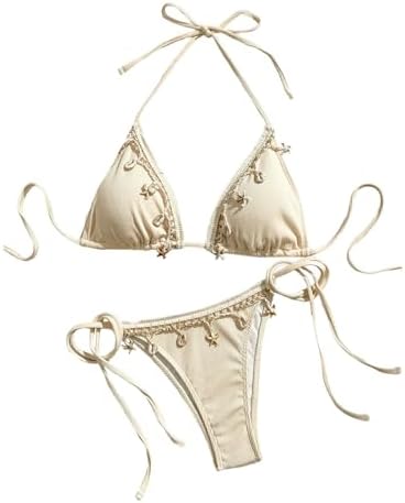 2 Piece Sexy Halter Triangle Bikinis Thong Tie Boho Seashell Bikini Sets