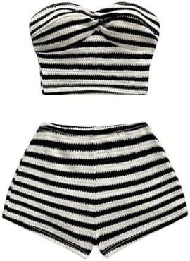 2 Piece Striped Outfits Twist Knot Crop Tube Top and Shorts