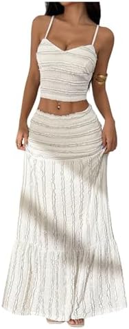 2 Piece Summer Vacation Outfits Ruffle Tiered Crop Camisole Tops with Maxi