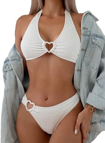 2 Piece Swimsuit Heart Shaped Ring Decorated Halter Bikini Swimwear Set White