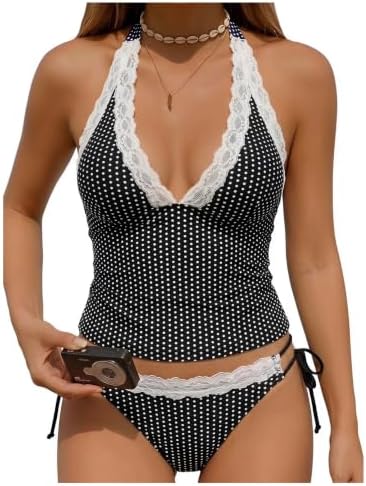 2 Piece Tankini Swimsuits Polka Dots Lace Tie Backless Halter Tops with Thong