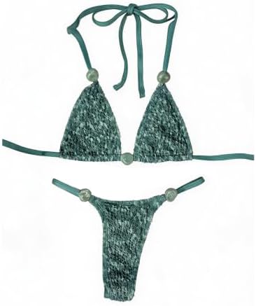 2 Piece Triangle Bikini Sets Beaded Halter Bathing Suits Green X-Small
