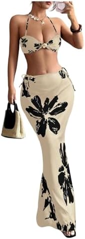 3 Piece Boho Floral Halter Bikini Set Tie Backless Swimsuit with Beach Cover