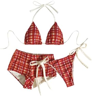 3 Piece Swimsuits Gingham Halter Boyshort Bikini Set Boho Beach Outfits with