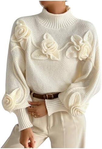 3D Floral Old Money Sweaters Lantern Sleeve Cable Knit Tops