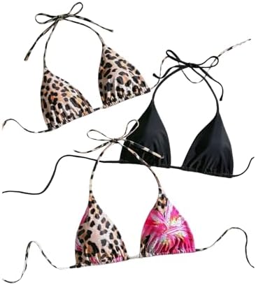 3Pack Bikini Top Leopard Floral Halter String Triangle Swim Tops Beachwear