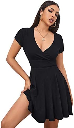 A Line Wedding Guest Dresses V Neck Short Sleeve Fit and Flare Dress Black