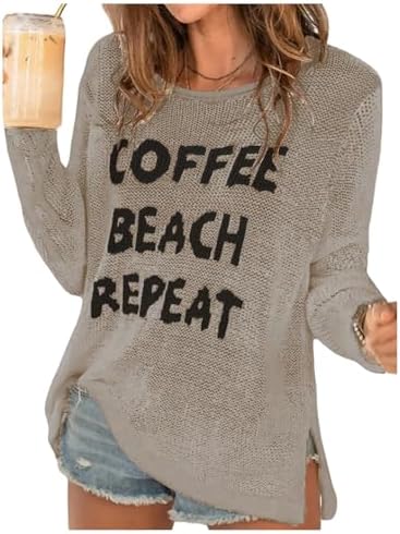 Beach Cover Up Sweaters Letter Print Long Sleeve Crochet Crew Neck Knit