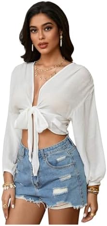 Beach Cover Ups Tie Front Long Sleeve Swimsuit Kimono Blouse Top Beach