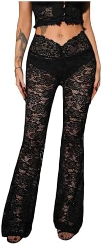 Bell Bottom Lace Pants Y2K Low Waist Flare Pants See Through Rave Outfits