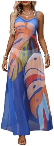 Boho Floral Beach Cover Up Mesh Sleeveless Maxi Swim Dress Vacation Outfits