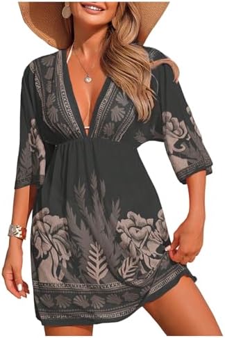 Boho Floral Graphic Beach Cover Up 3/4 Sleeve Sheer Dress Vacation Outfits