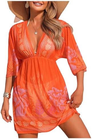 Boho Floral Graphic Beach Cover Up 3/4 Sleeve Sheer Dress Vacation Outfits