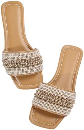 Boho Pearls Elegant Slip on Dressy Sandals Beach Vacation Square Open Toe