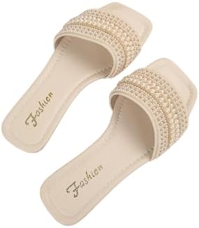Boho Pearls Flat Sandal Beach Vacation Square Open Toe Slip