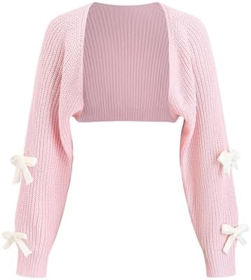 Bow Sweater Cute Cropped Cardigan Long Sleeve Knitted Shrug Pink Small