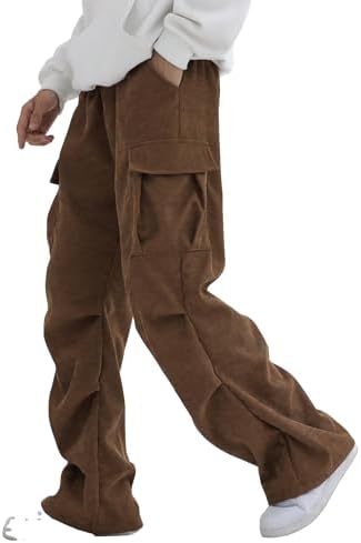 Boy's Casual Baggy Cargo Pants Elastic Waist Workout, Coffee Brown