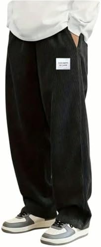Boy's Corduroy Pants Elastic Waist Straight Leg Comfy Long, Black