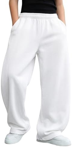Boys Baggy Sweatpants Wide Leg Athletic Pants with Pockets, White