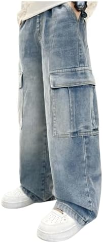 Boys Jeans Baggy Straight Leg Denim Cargo Pants with Pockets