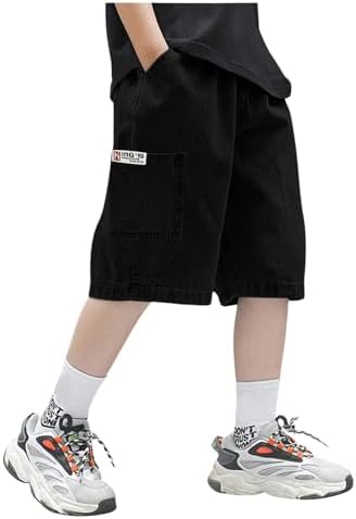 Boys Jorts Elastic Waist Casual Loose Denim Shorts with, Black