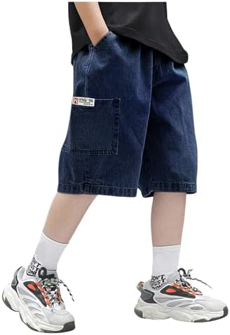 Boys Jorts Elastic Waist Casual Loose Denim Shorts with, Blue-A