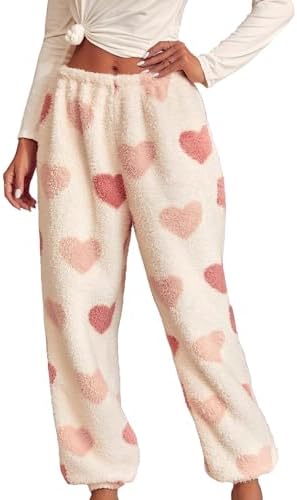 Buffalo Plaid Print Fuzzy Pajama Pants Loungewear Sleep Pants Beige Heart