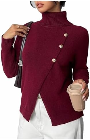Button Wrap Top Turtleneck Sweater Old Money Pullover Knit Tops Burgundy