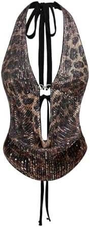 Cheetah Print Sequin Halter Top Y2K Going Out Crop Tops