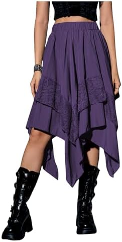 Contrast Lace Elastic High Waist Asymmetrical High Low Long, Light Purple