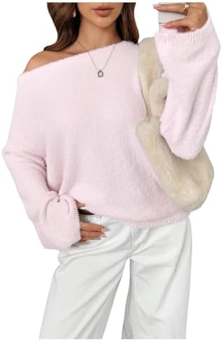 Cozy Off The Shoulder Sweater Fuzzy Knit Pullover Tops Fall Outfits Pink