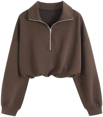 Crop Mock Neck Sweatshirt Quarter Zip Pullover Workout Tops