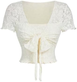 Cute Lace Crop Tops Bow Square Neck Tops Short Sleeve Fairy Going Out Crop