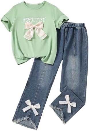 Cute Outfits for Girls 10-12 Graphic Tees and Straight Leg, Green