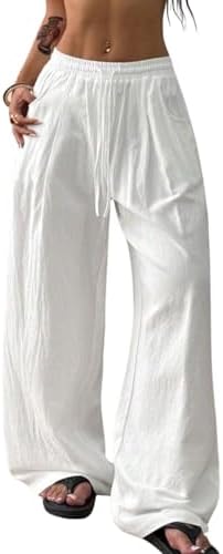Drawstring Pants Palazzo Casual Wide Leg Beach Pants with Pockets White Small