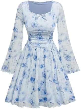 Dresses for Girls Floral Mesh Boho Flowy Dress Spring, Light Blue