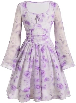 Dresses for Girls Floral Mesh Boho Flowy Dress Spring, Purple
