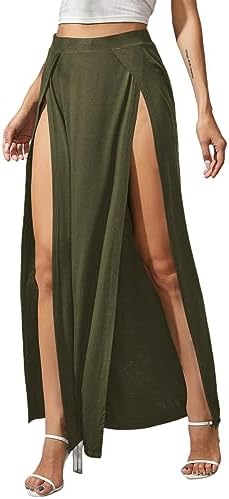 Elastic Waist High Split Wrap Flowy Cover Up Maxi Skirt, Army Green