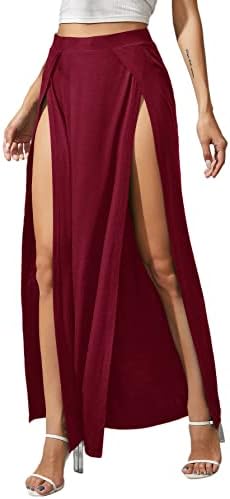 Elastic Waist High Split Wrap Flowy Cover Up Maxi Skirt, Burgundy